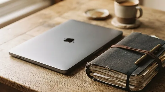 A closed laptop beside a thick full notebook.