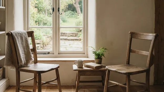 Two empty chairs facing each other by a window.