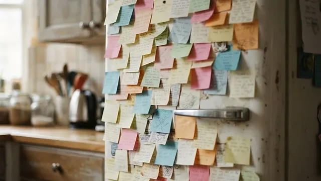 A fridge door covered in overlapping sticky notes.