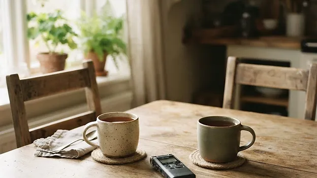 A kitchen table with two mugs and a small voice recorder between them.