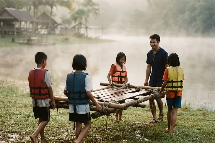A holiday camp morning: kids and a counselor hauling a raft toward the water.