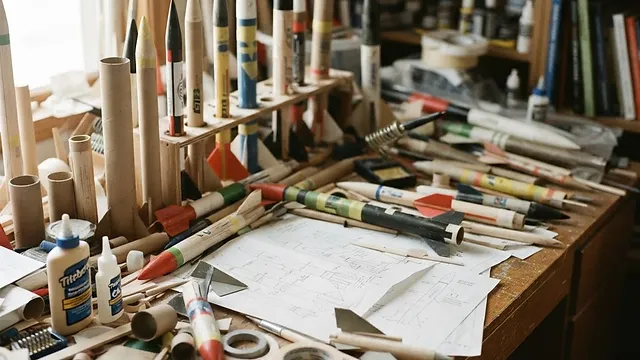 A desk entirely taken over by model rocket parts.
