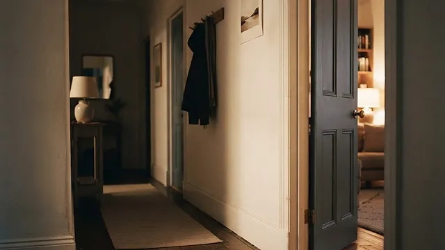 A hallway with a door ajar and warm light spilling across the floor.