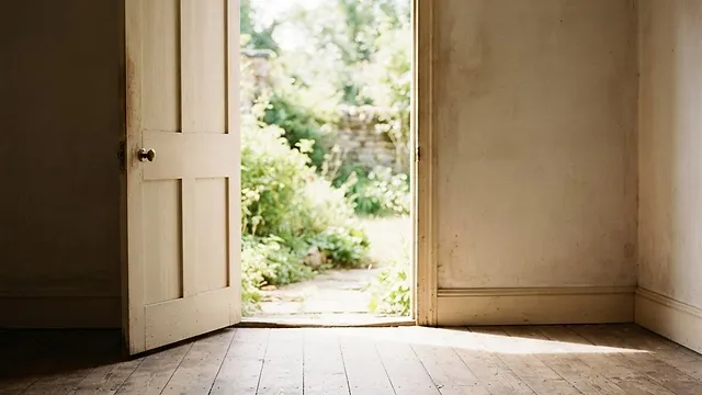 A plain door standing open onto daylight in an empty room.