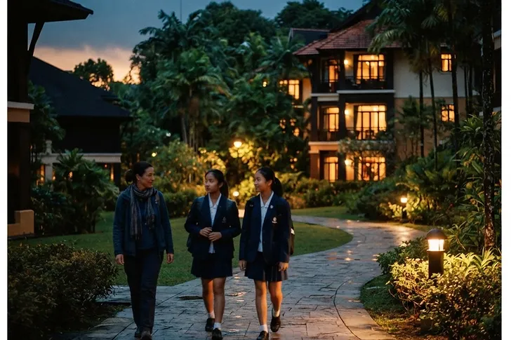 A boarding campus at dusk, houseparent and students walking between warm windows.