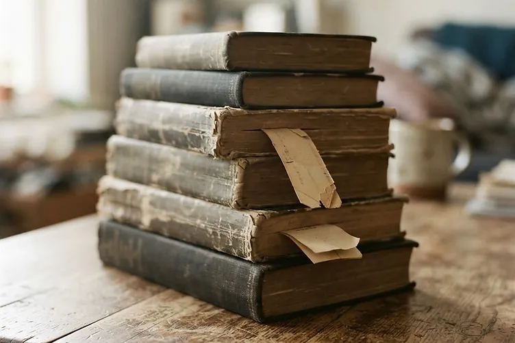 A stack of well used books on a table, spines out, several with paper markers in them.