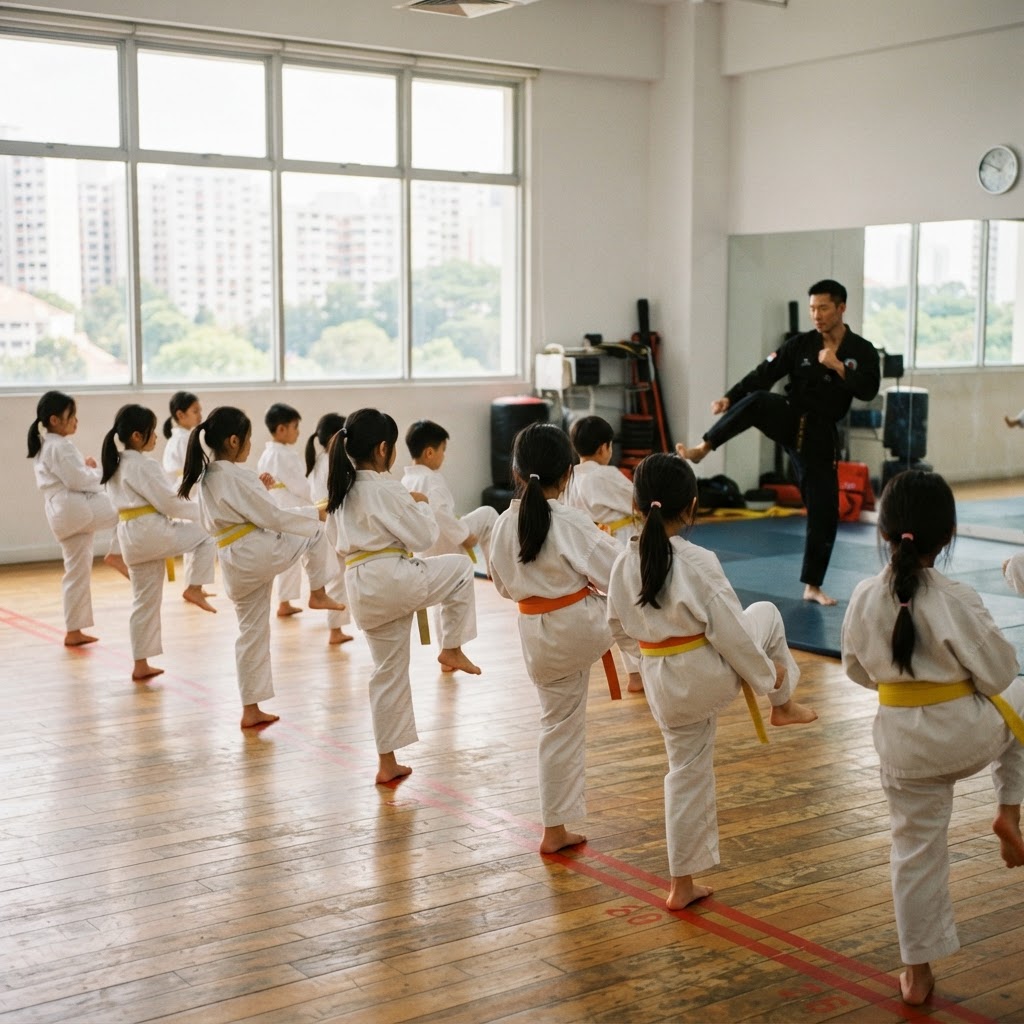 A children's taekwondo class mid-lesson in Singapore