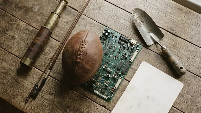 Six very different objects arranged together on a table.