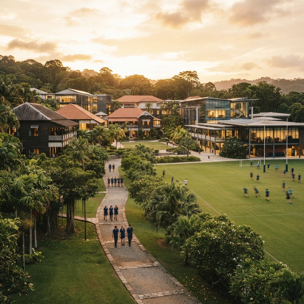 A boarding school campus at golden hour