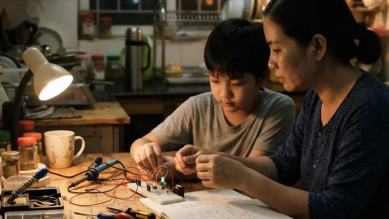 A parent and child at the kitchen table in the evening, working on something real.
