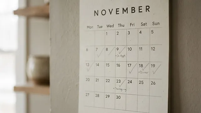 A paper wall calendar with a handful of days marked in pencil.
