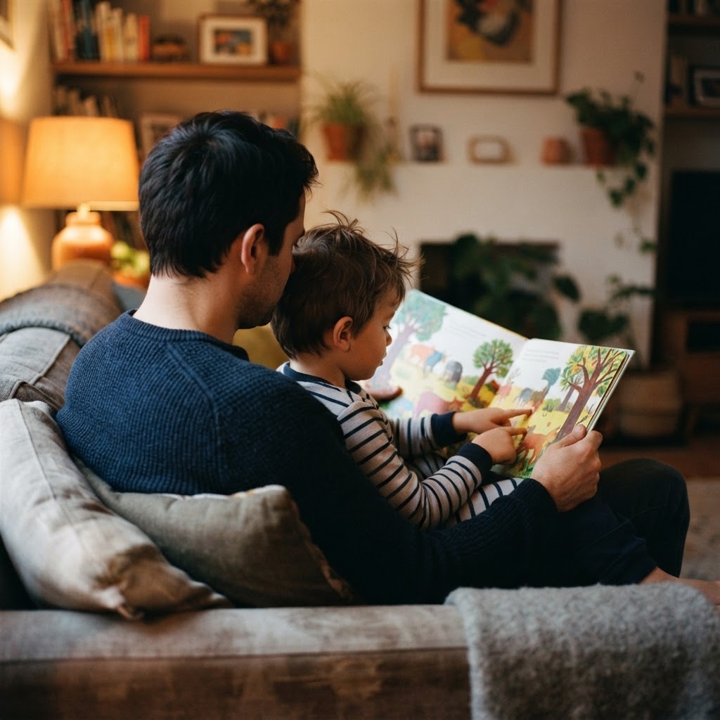 A parent reading with a young child
