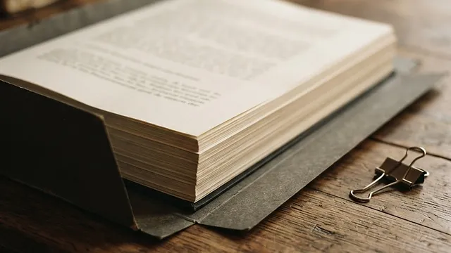 A thick printed document in an open folder, pages seen edge on.