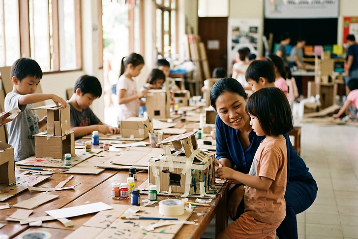 A holiday program in session: long tables, cardboard, paint, and full concentration.