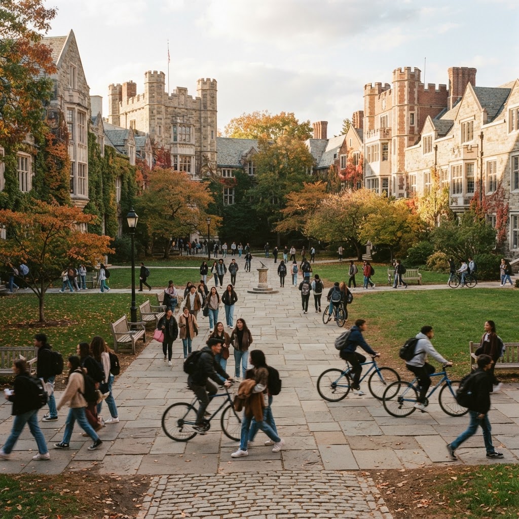 A university quadrangle between classes