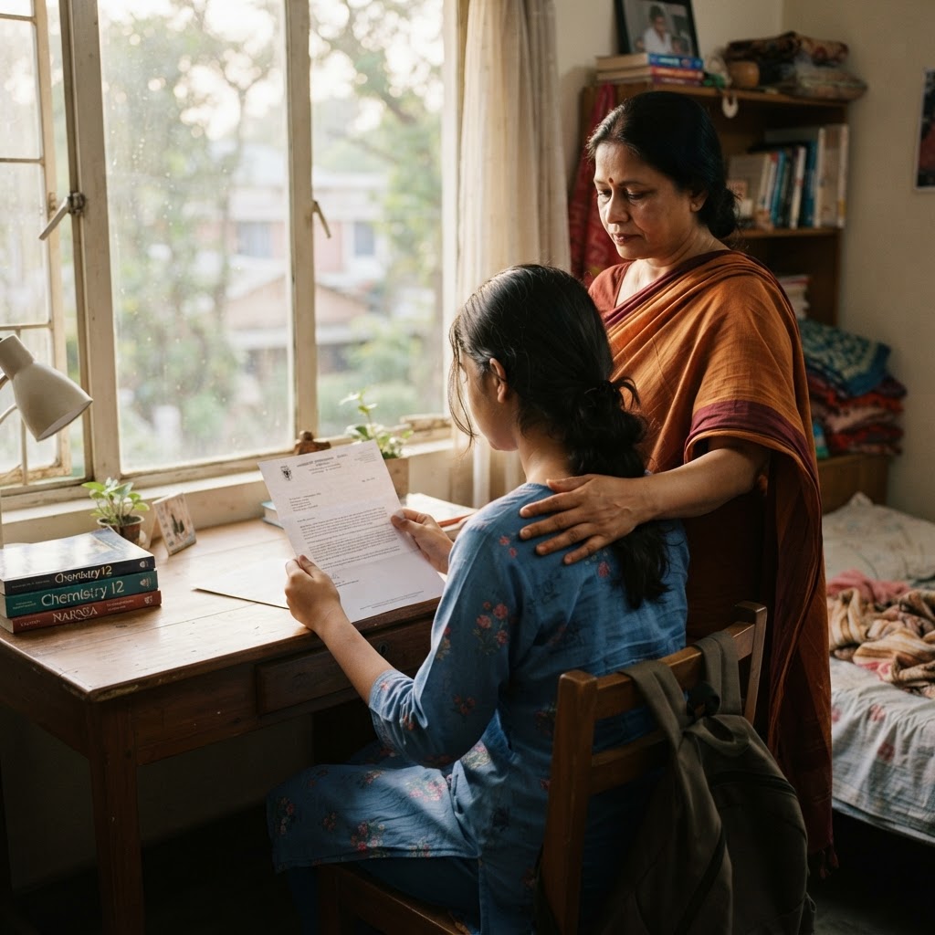 A student reading an award letter at her desk