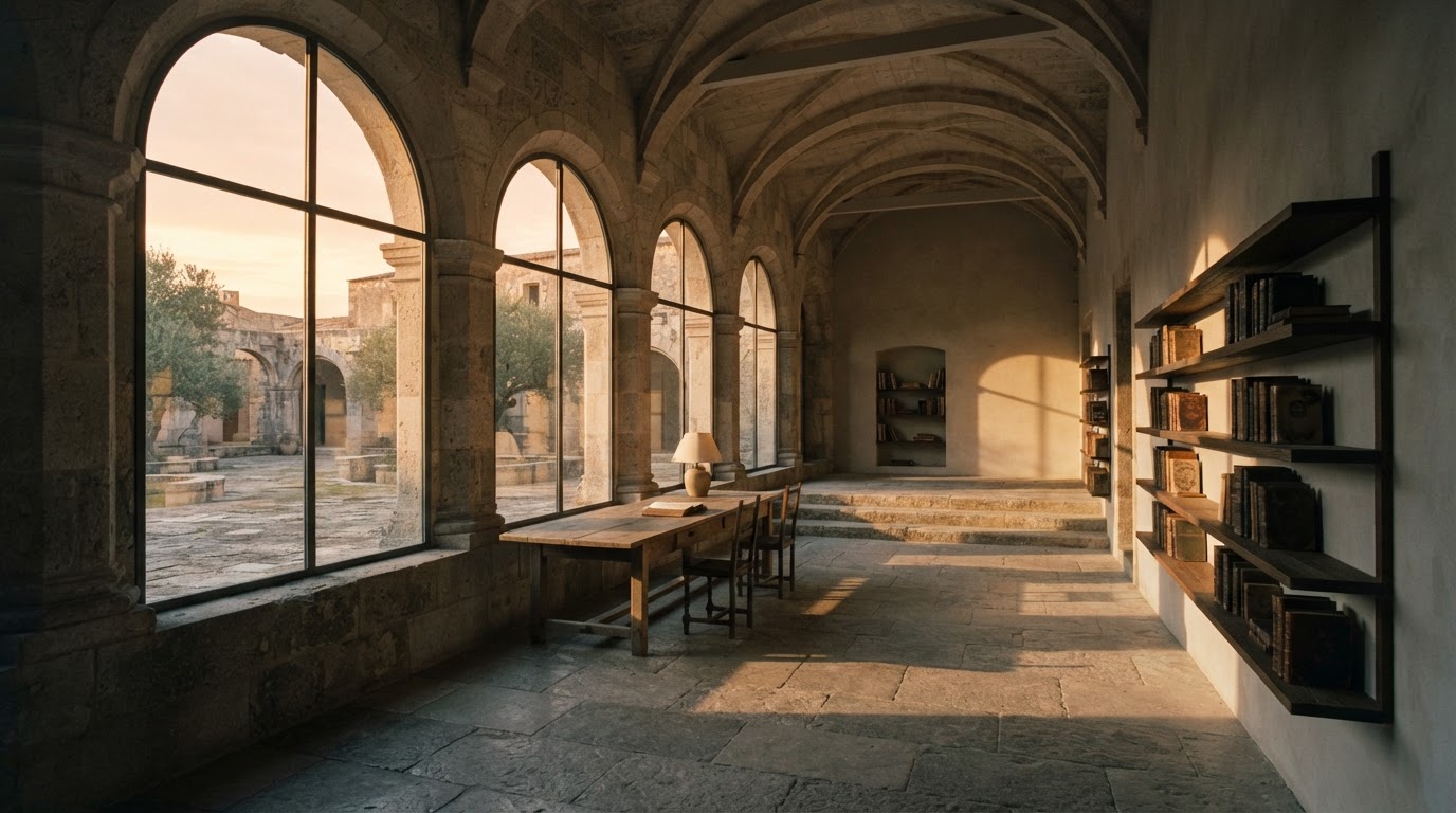 A minimalist stone library at dawn