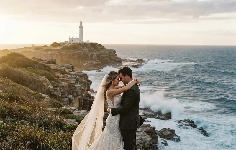 A Newcastle couple embracing on a coastal headland at golden hour — Newcastle wedding photography sale