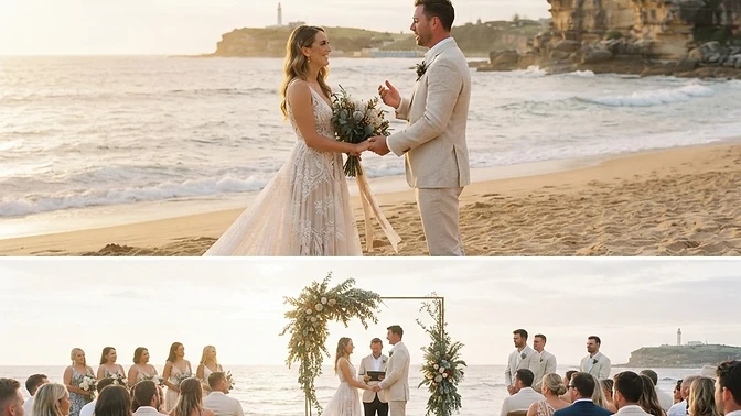 A coastal wedding ceremony on the Newcastle shoreline at golden hour, the couple framed by the ocean and soft warm light