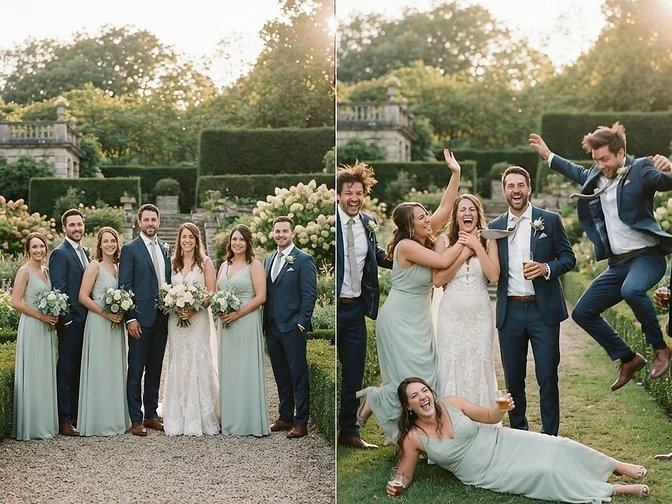 Split frame showing a formal elegant bridal party portrait next to absolute chaos of jumping dancing and fake fighting