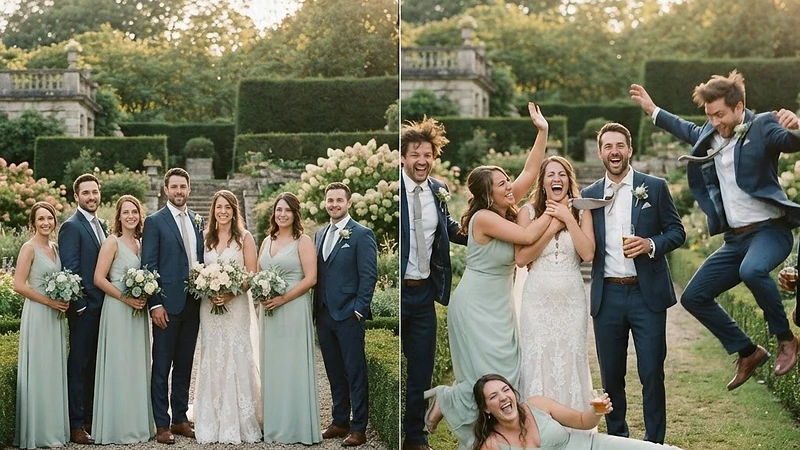 A formal bridal party portrait that descends into joyful chaos \u2014 jumping, dancing and fake fighting \u2014 the wedding photo nobody asked for