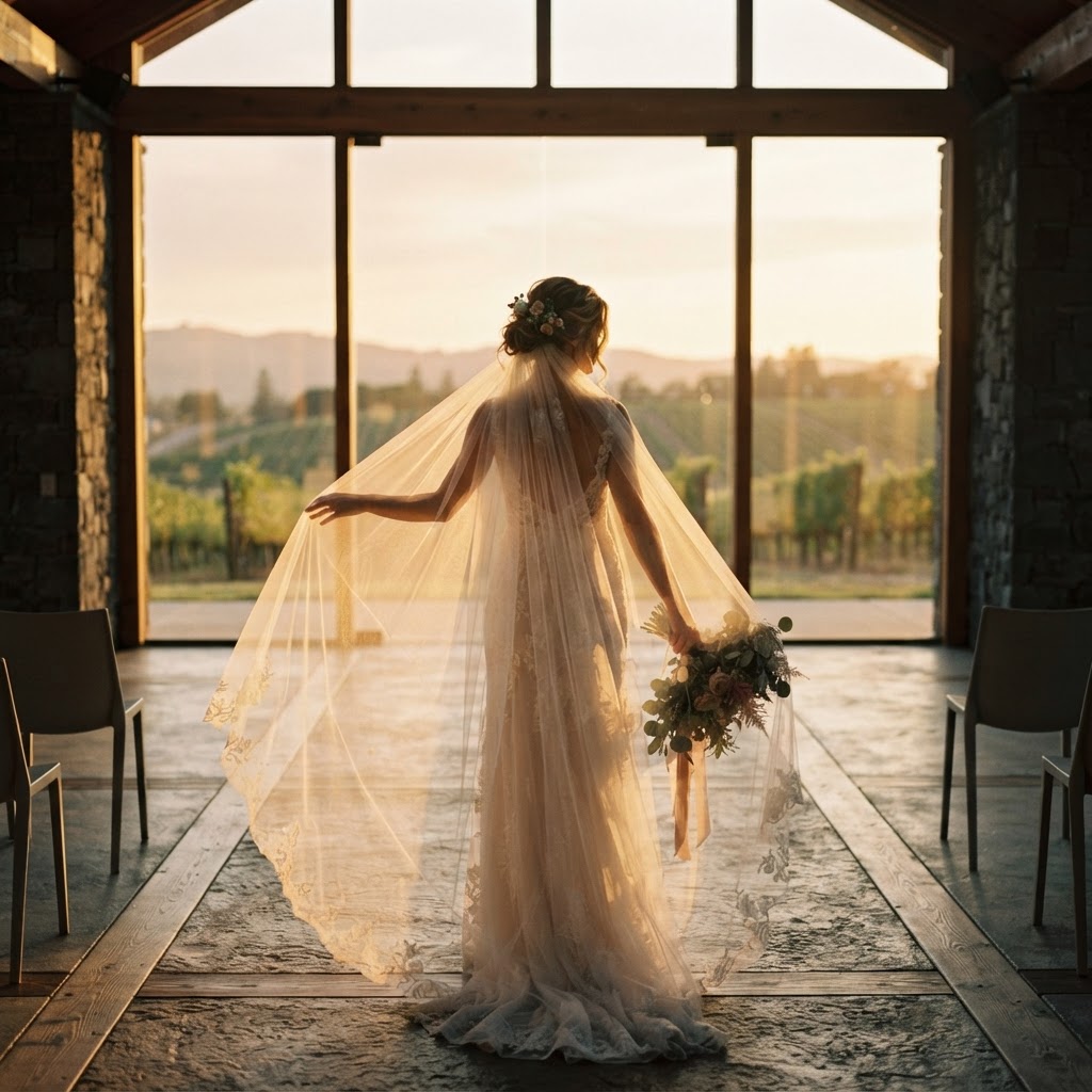 A Roman bride in a saffron-orange flammeum veil, draped in heavy fabric, being led through an ancient stone archway by torchlight — the veil as sacred protection.