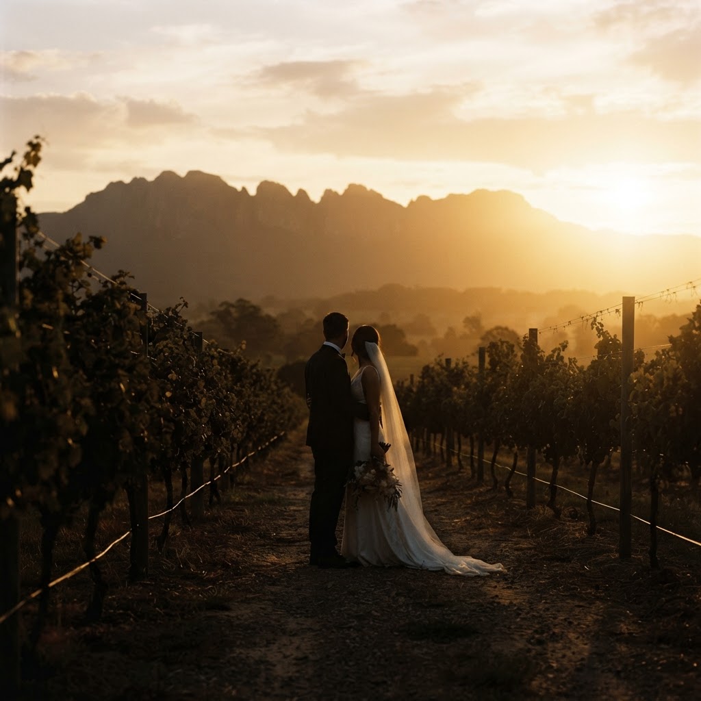 Golden hour light across Hunter Valley vineyard rows near Cessnock — Cessnock wedding photographer