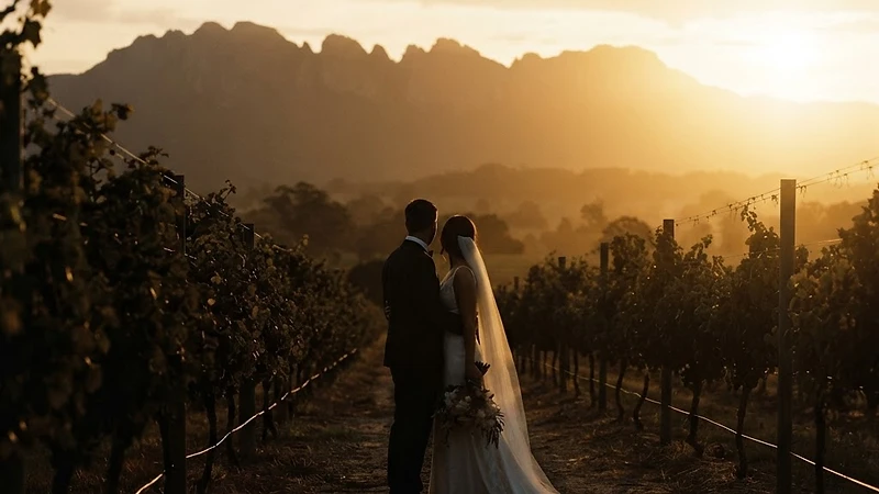 A couple silhouetted against vineyard rows in Pokolbin, Hunter Valley, back-lit by low golden hour sunlight over the Brokenback Range