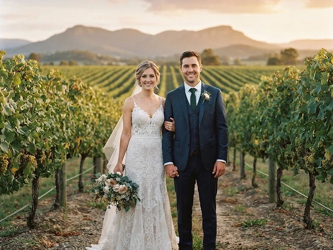 An elegantly posed wedding portrait of a couple in a Hunter Valley vineyard at golden hour, looking at the camera with composed expressions, vineyard rows and the Brokenback Range behind them