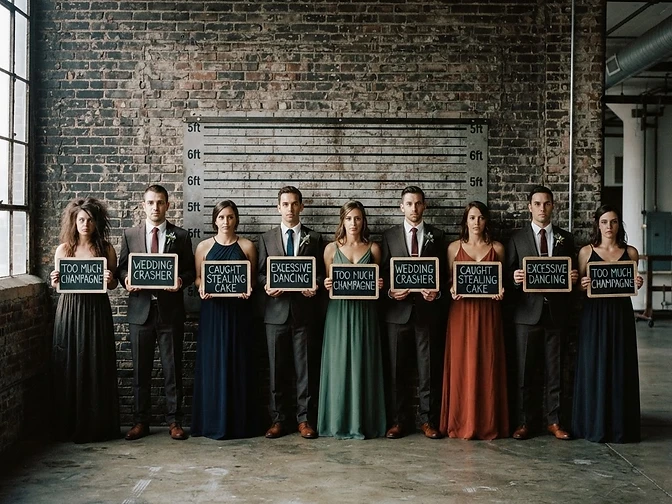 Bridal party lined up against a brick wall like a police mugshot lineup holding placards with funny charges