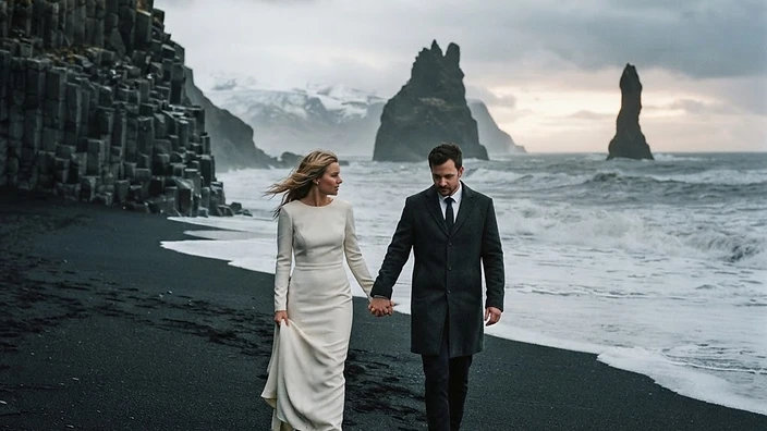 Sigrid and Magnus walking hand-in-hand across the black volcanic sand of Reynisfjara beach, Iceland, under a moody overcast sky with basalt sea stacks and distant misty glaciers