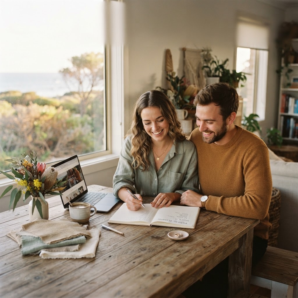 A couple sitting together planning their wedding day with an open notebook, soft natural light through the window