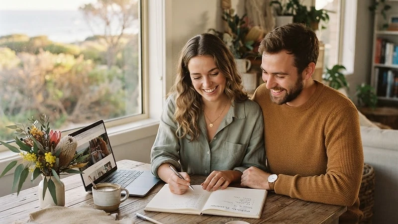 A couple sitting together planning their wedding day with an open notebook, soft natural light through the window