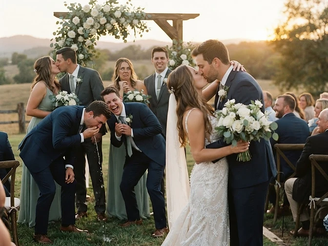 Couple kissing in the foreground while the bridal party dramatically copies them, one person pretending to gag in disgust