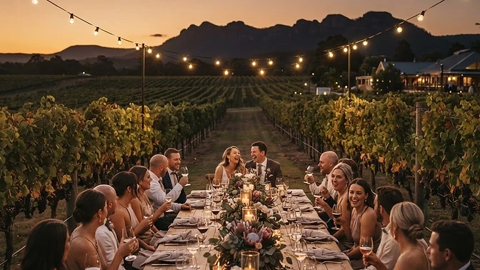 A Hunter Valley vineyard wedding reception at dusk — long table set among the vines, festoon lights glowing, the Brokenback Range in the background