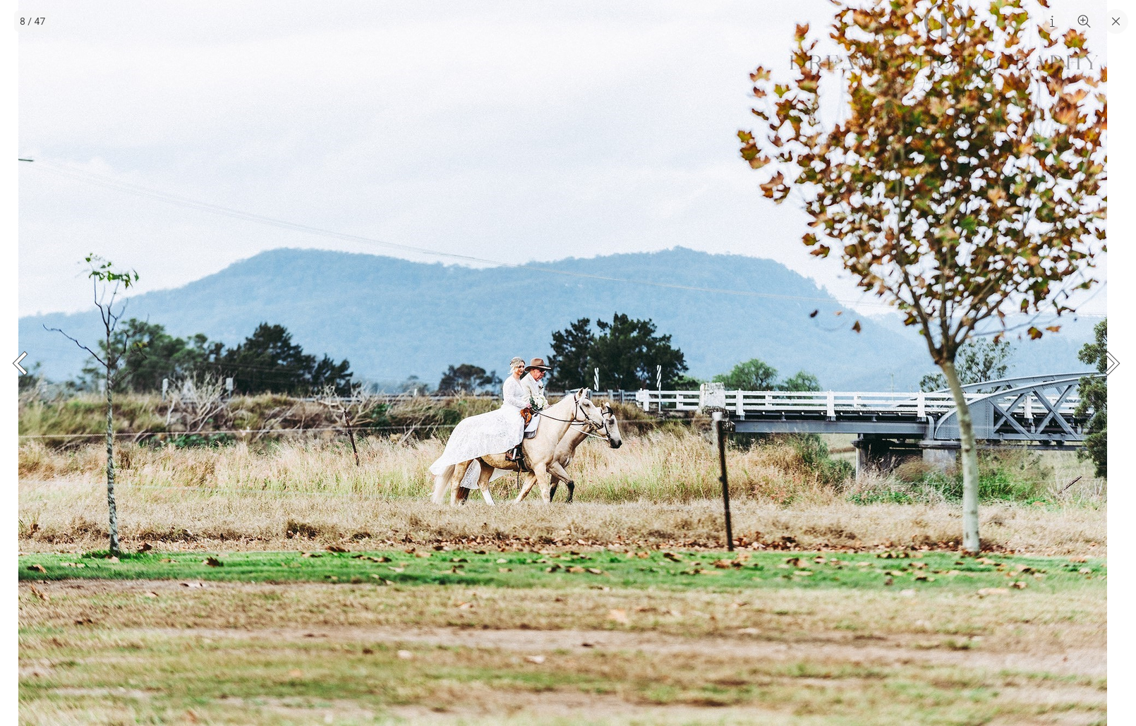 Nat and Darren riding horses side-by-side through a golden-grass meadow towards a bridge in the Hunter Valley at Camp on Hunter, Elderslie