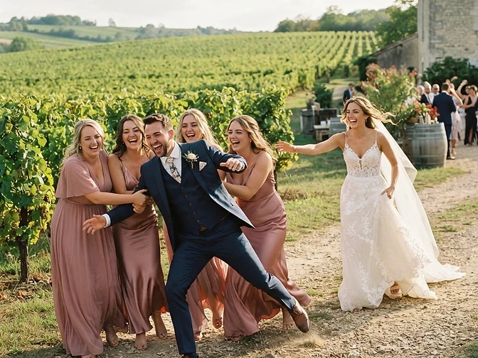 Bridesmaids dragging the groom away by his arms and legs while the bride chases after them laughing