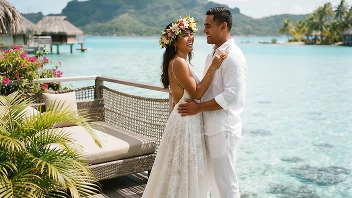 Vaihere and Tane on the deck of an overwater bungalow in Bora Bora, French Polynesia, with Mount Otemanu's volcanic peak rising over a turquoise lagoon, palm fronds and crystal-clear water