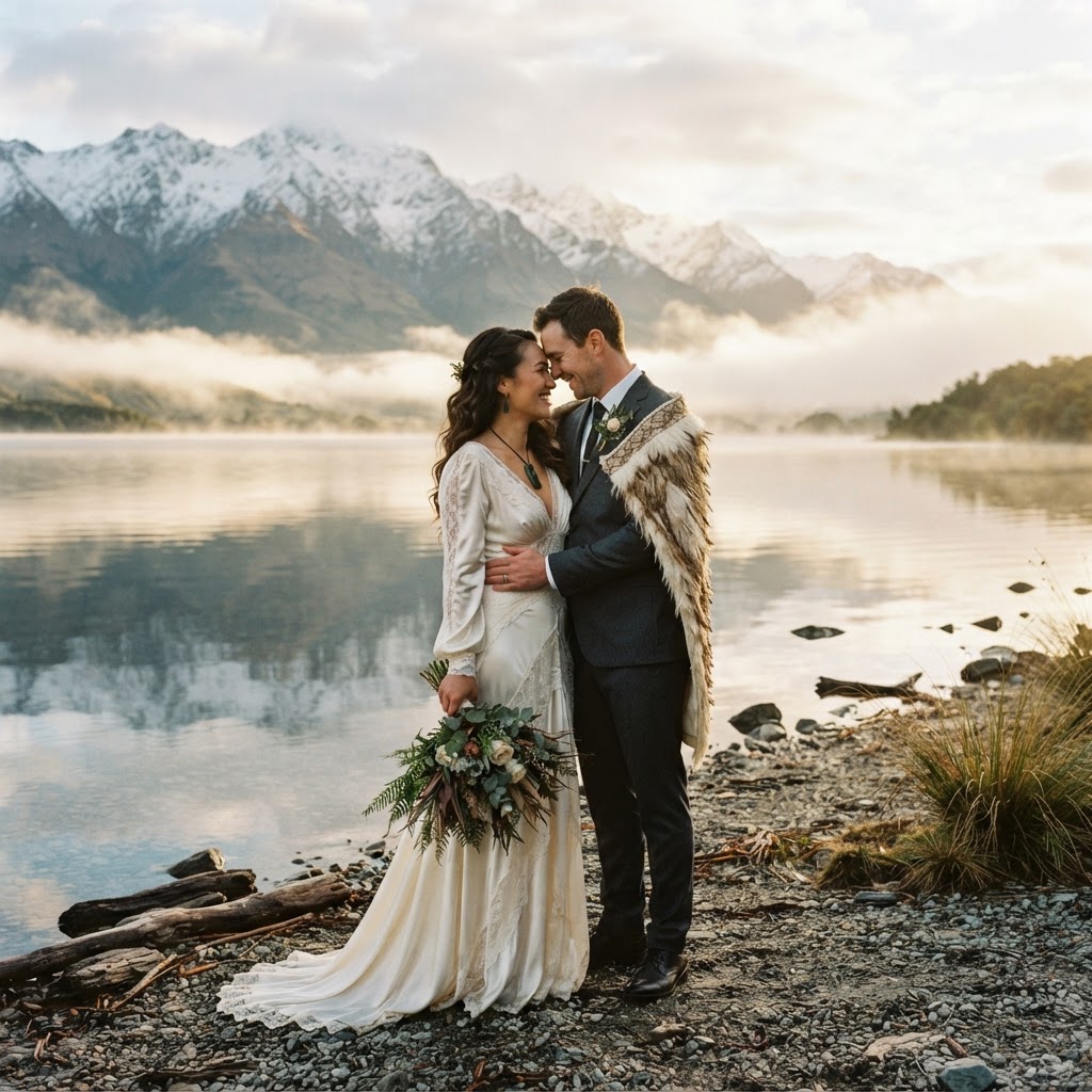 Aroha and Liam embracing on the shore of Lake Wakatipu, Queenstown, New Zealand, in ivory silk and a charcoal suit, with snow-capped Southern Alps and morning mist catching golden-hour light