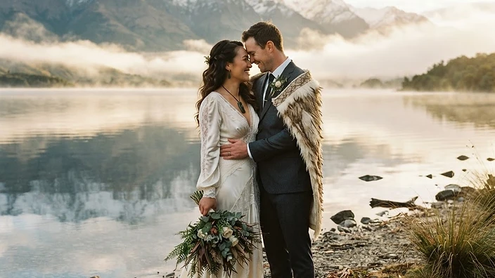 Aroha and Liam embracing on the shore of Lake Wakatipu, Queenstown, New Zealand, in ivory silk and a charcoal suit, with snow-capped Southern Alps and morning mist catching golden-hour light
