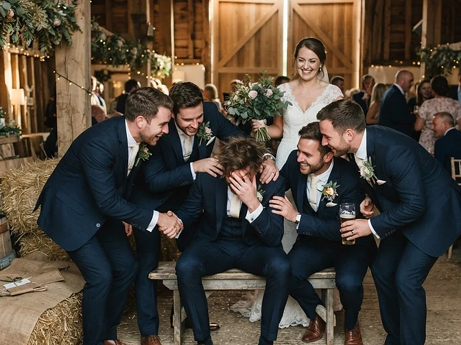 Groom sitting looking traumatised with head in hands while groomsmen sit around him sympathetically like a support group