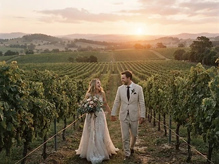A couple walking through a Hunter Valley vineyard at golden hour — Newcastle wedding photography coverage area