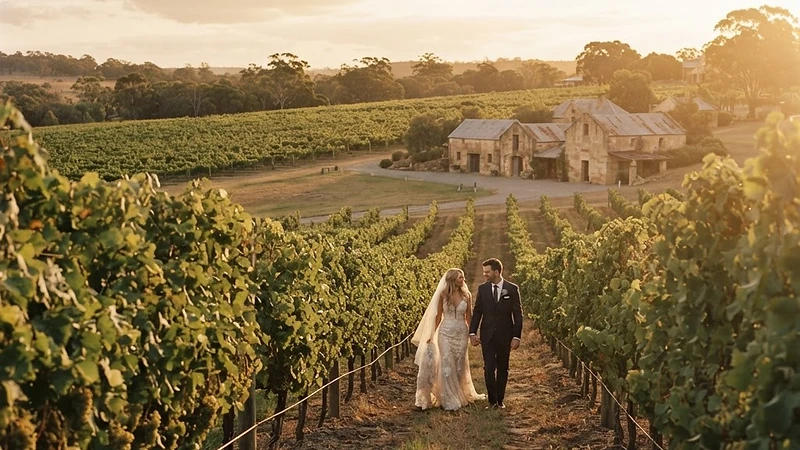 A Hunter Valley vineyard wedding at golden hour — rows of grapevines leading to a rustic sandstone cellar door, warm amber light filtering through, fine art wedding photography