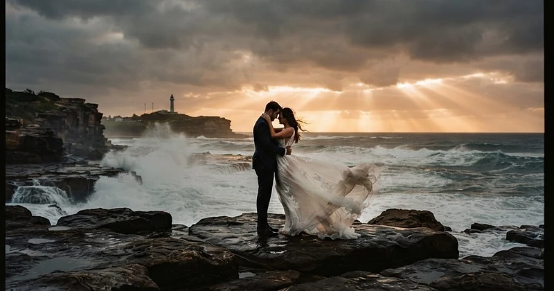 Newcastle wedding photographer capturing a couple silhouetted against a dramatic stormy Newcastle coastline at golden hour