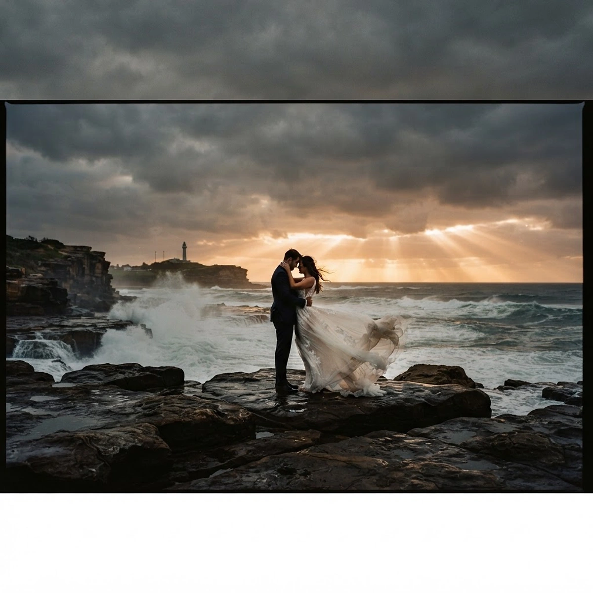 Newcastle wedding photographer capturing a couple silhouetted against a dramatic stormy Newcastle coastline at golden hour, NSW Australia