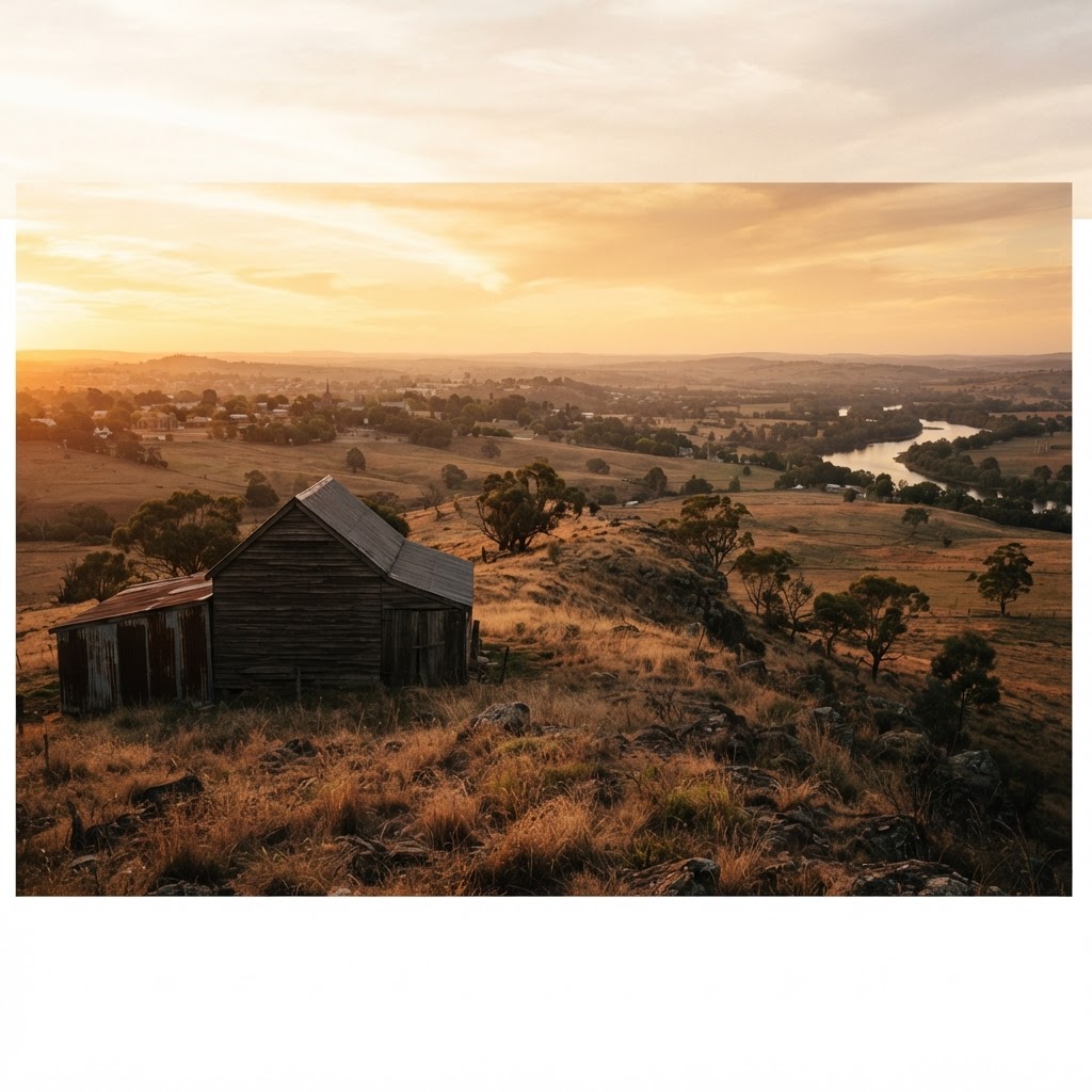 A heritage timber barn and corrugated iron shed silhouetted on a hilltop at sunset, overlooking the Hunter River valley near Maitland — Maitland wedding photographer