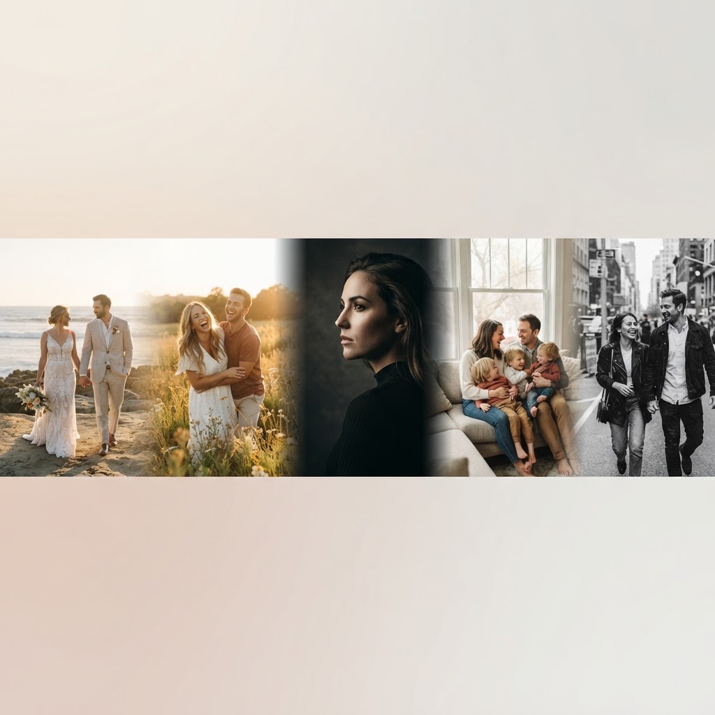 A panoramic strip blending wedding, engagement, studio, family and candid portrait photography moments