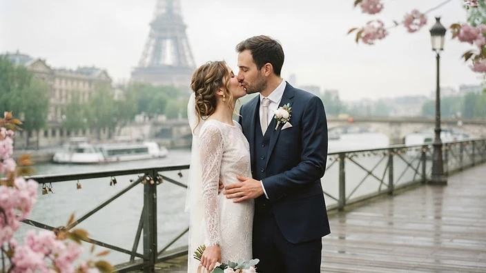 Camille and Hugo kissing on the Pont des Arts bridge over the Seine in Paris, the Eiffel Tower soft in the background, spring cherry blossoms and mist on the river