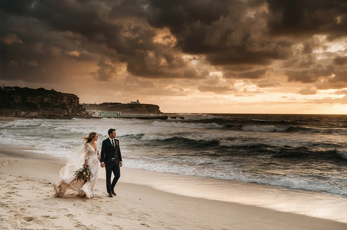 Newcastle wedding photography portfolio — a couple walking hand in hand along a sandy beach at golden hour, captured by Newcastle wedding photographer John Adams