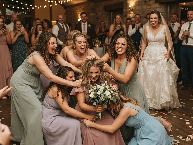 Bridesmaids diving and wrestling for the bouquet like it is the last sale item, exaggerated competitive expressions